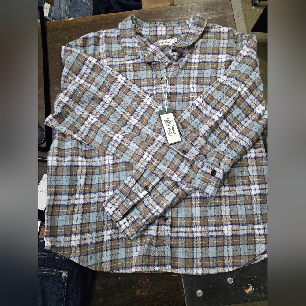 Alpine‎ Design Blue and Brown Plaid Women's Button Down Shirt